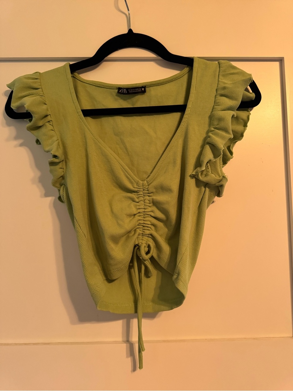 Zara Lime Green Ruched V-Neck Ruffle Sleeve Crop Top